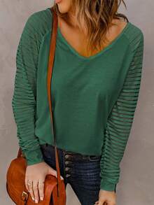 CILKOO Áo thun tay Raglan cổ chữ V - màu xanh lá - Xem 3