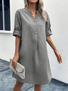 SHEIN Clasi Roll Tab Sleeve Half Button Tunic Dress - Light Grey - View 4