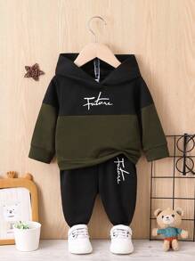 SHEIN Baby Boy Letter Graphic Two Tone Hoodie & Sweatpants - Army Green - View 1