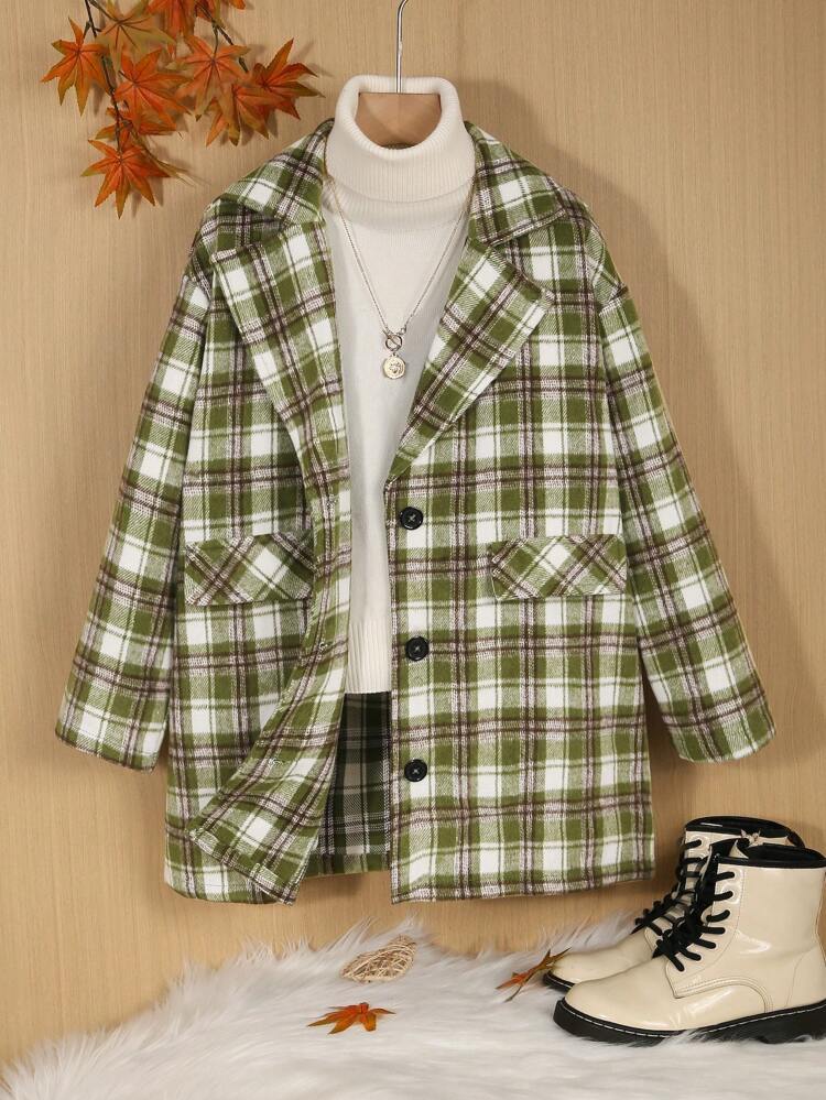 Tween Boy Plaid Lapel Collar Overcoat