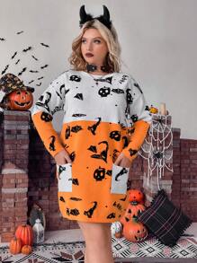Calvaya Hơn Hoa văn Halloween Thả vai Đầm Áo len - Nhiều màu - Xem 6