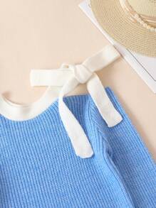 Teen Girl Tie Shoulder Contrast Trim Sweater Dress - Blue - View 3