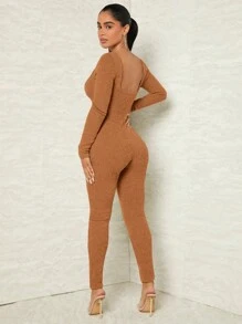 SHEIN SXY Solid Scoop Neck Unitard Jumpsuit - Brown - View 3