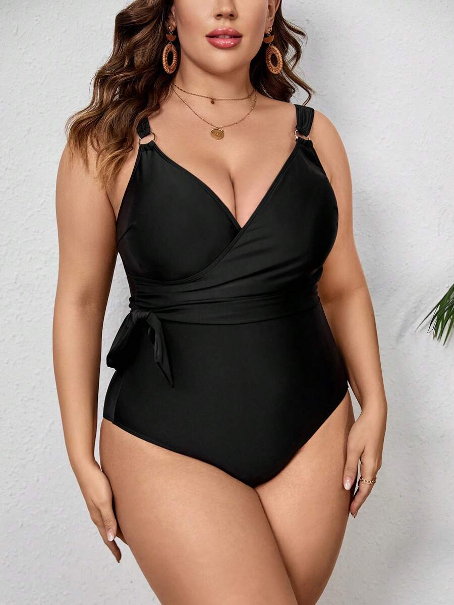 SHEIN Swim Curve 優雅純色大碼一件式泳衣打結 圓環 交叉 - 黑色 - 查看 1