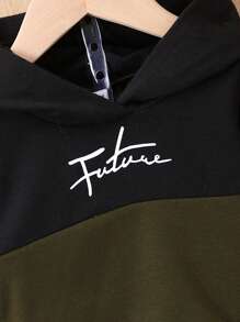 SHEIN Baby Boy Letter Graphic Two Tone Hoodie & Sweatpants - Army Green - View 3