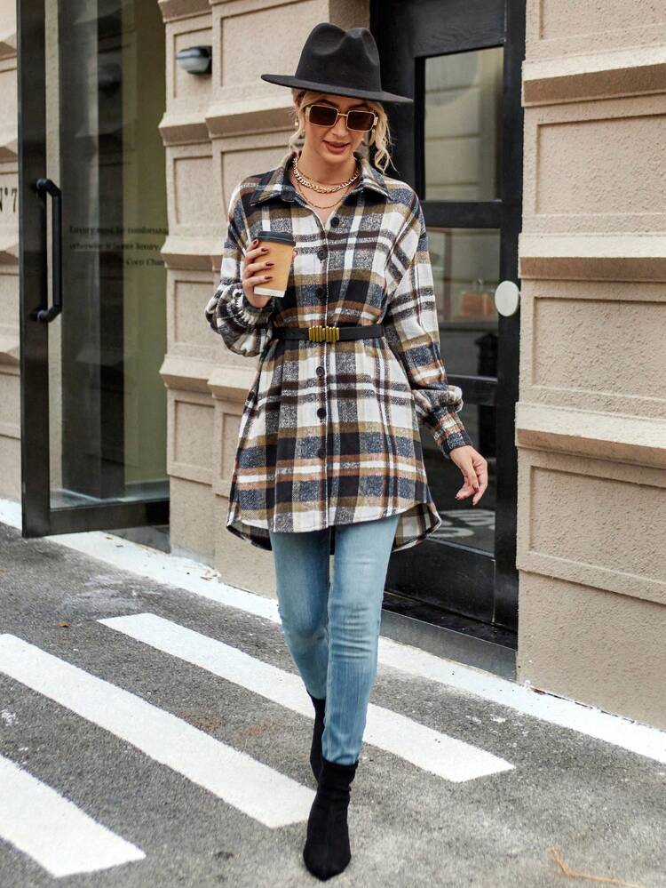 Plaid Print Drop Shoulder High Low Hem Coat Without Belt Fall Cloth For Women