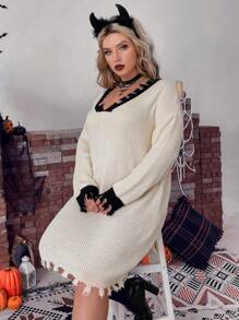 Calvaya Plus Contrast Trim Drop Shoulder Distressed Sweater Dress Without Belt - Apricot - View 7