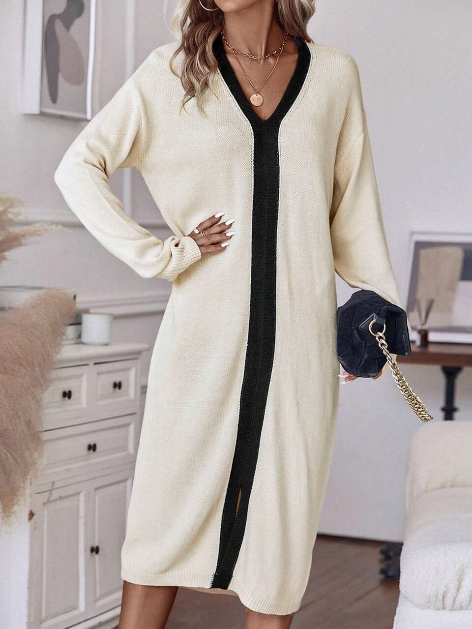 Contrast Trim Drop Shoulder Sweater Dress Fall Cloth For Women