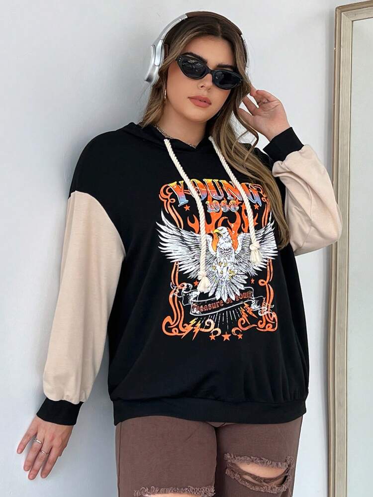 Plus Size Eagle & Letter Graphic Drop Shoulder Drawstring Sweatshirt Pullover Fall Sweatshirt