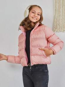 RueChic Tween Girl Solid Zip Up Puffer Coat - Pink - View 3