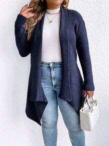 SHEIN LUNE Plus Waterfall Collar Open Front Asymmetrical Hem Cardigan - Navy Blue - View 3