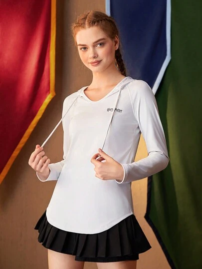 HARRY POTTER X SHEIN Sudadera con capucha deportiva con dobladillo curvo y gráfico de letras, traje de tenis para mujeres