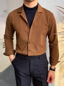 Manfinity Homme Nam Chất rắn Nút phía trước Áo sơ mi - Cà phê nâu - Xem 1