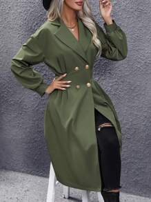 SHEIN Privé 西裝領雙排釦風衣外套 - 軍綠色 - 查看 6
