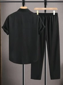 Manfinity Homme Men Solid Shirt & Drawstring Waist Pants Without Tee - Black - View 2