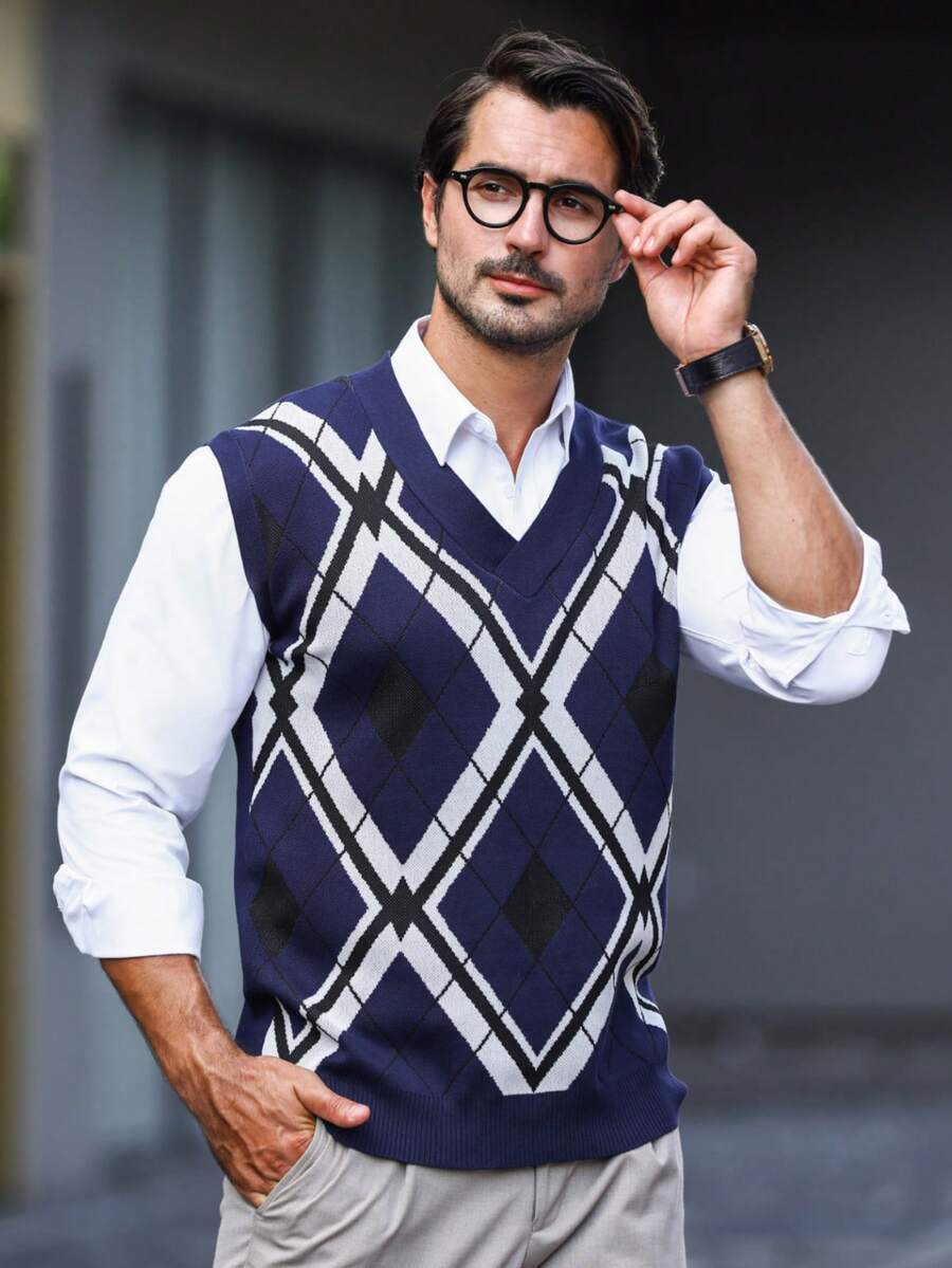 Manfinity Homme 男士1入組菱形印花毛衣背心 - 彩色 - 查看 1