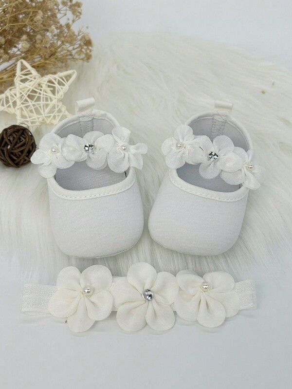 Infant Shoes With Lace Flower, Soft Sole, For Walking, Birthday, Baptism Party, With Headband