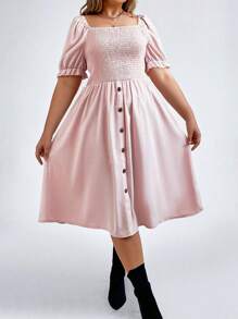 SHEIN LUNE Hơn Cổ vuông Ống tay áo Nút giả Đầm - Hồng - Xem 3