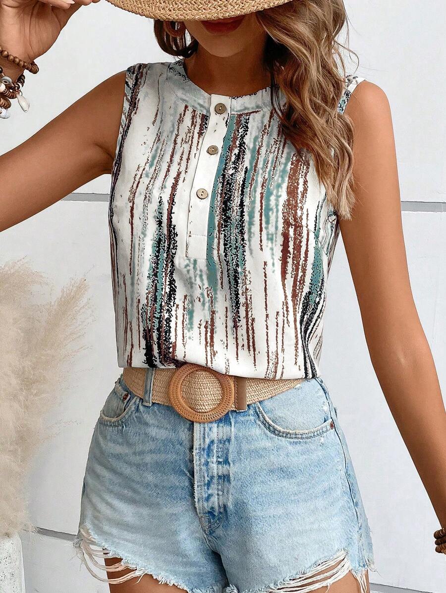SHEIN Holidaya Brush Print Button Front Sleeveless Blouse - Multicolor - View 1