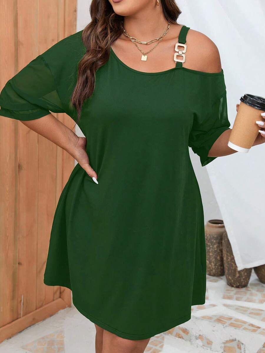 SHEIN Clasi Plus Chain Detail Asymmetrical Neck Drop Shoulder Dress - Dark Green - View 1