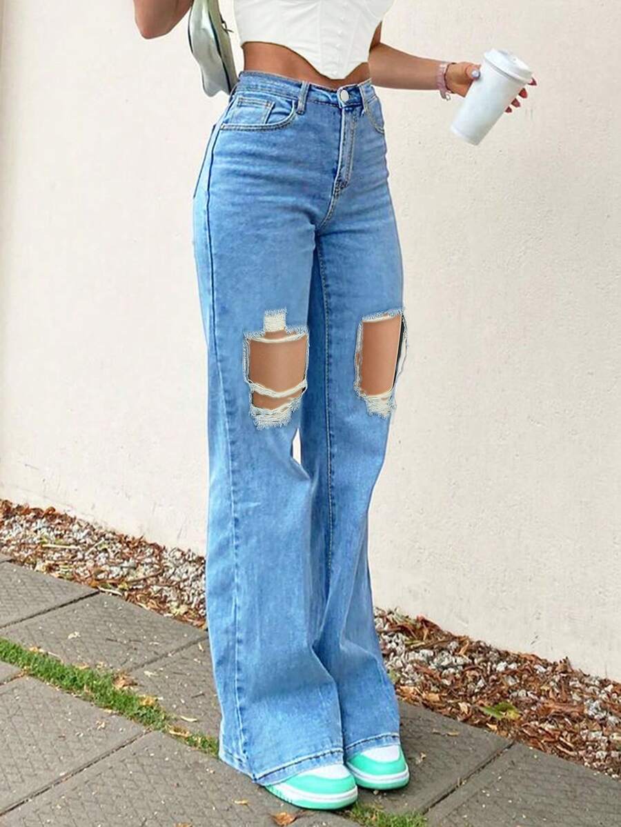 高腰破洞直筒褲 - 淺色水洗藍 - 查看 1