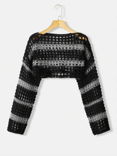 Flirla Plus Striped Open Knit Drop Shoulder Crop Sweater Knit Pullover Fall Winter Outfit Autumn