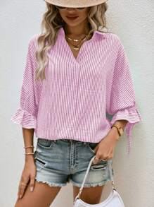 SHEIN Frenchy Striped Print Knot Cuff Wrap Back Blouse - Pink - View 4
