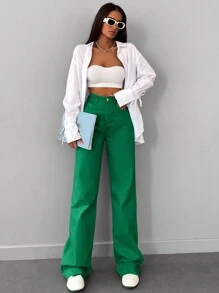RueChic High Waisted Wide Leg Jeans - Green - View 3