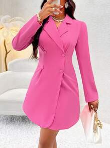 Cổ áo Đôi ngực Váy blazer - Màu Hồng Tươi - Xem 3