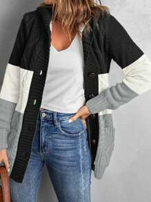 CILKOO Khối màu Xoắn Dan Nút phía trước áo có mũ Áo len Mở - màu đen - Xem 4