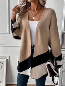 SHEIN LUNE 撞色落肩开衫 - 駝色 - 查看 7