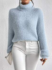 SoleilVie Jersey de punto esponjoso de cuello alto con hombros caídos, suéter de manga larga de punto para otoño e invierno - Azul - Ver 3