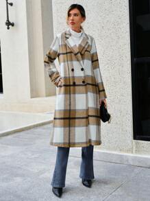 SHEIN Clasi 格紋雙排釦花呢外套 - 卡其色 - 查看 5