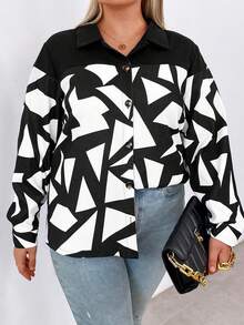 SHEIN LUNE 大碼幾何印花落肩袖外套 - 黑與白 - 查看 4