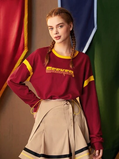 HARRY POTTER X SHEIN Letter Graphic Contrast Trim Drop Shoulder Crop Sports Sweatshirt