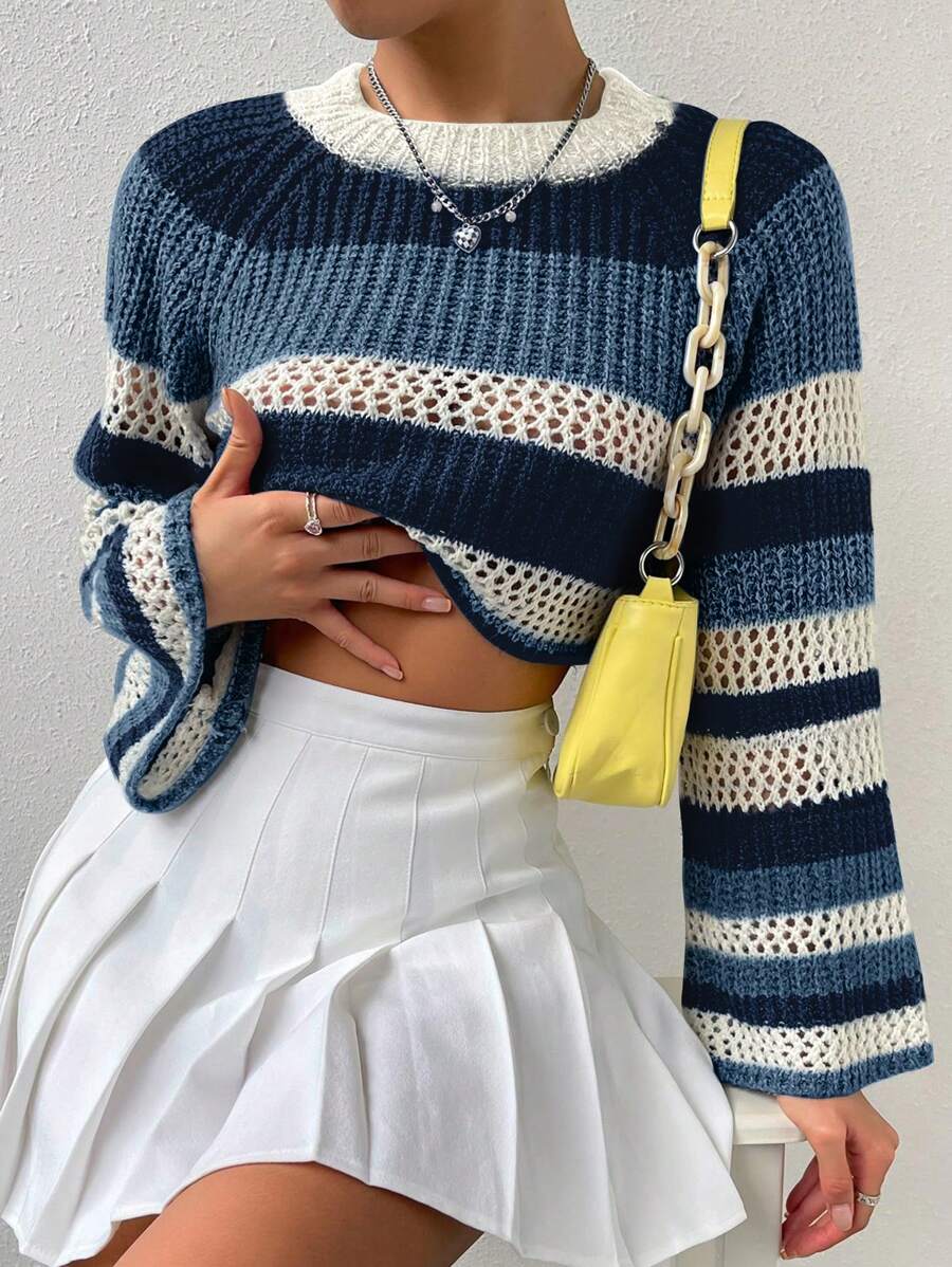 Flirla Colorblock Raglan Sleeve Pointelle Knit Crop Sweater Knit Pullover Fall Winter Outfit