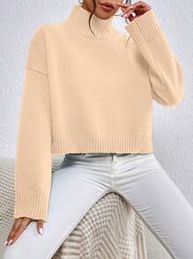 SHEIN Essnce Áo len nữ Gân đan màu trơn Giải trí - Màu be - Xem 5