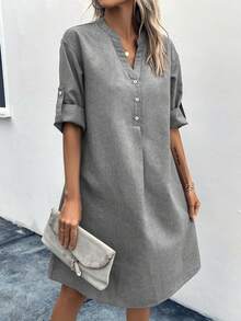 SHEIN Clasi Roll Tab Sleeve Half Button Tunic Dress - Light Grey - View 3