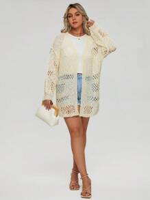 SHEIN LUNE Plus Size Pointelle Knit Drop Shoulder Cardigan Fall Cloth For Women - White - View 3