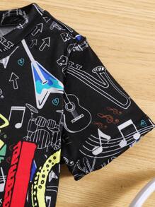 SHEIN 小男孩夏季黑色字母印花圓領常規袖休閒酷T恤 - 黑色 - 查看 8