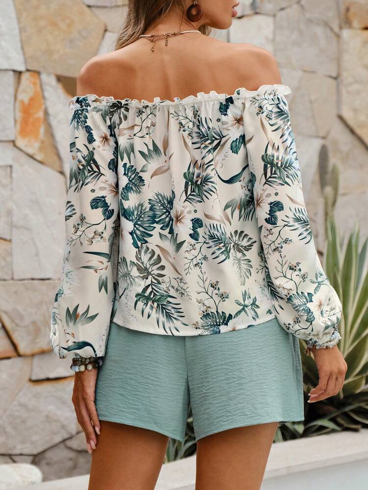 Tropical Print Off Shoulder Tie Front Top & Shorts