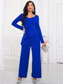 SHEIN Lady Sweetheart Neck Asymmetrical Hem Jumpsuit - Royal Blue - View 5
