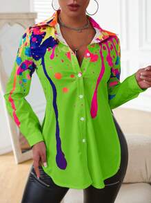SHEIN Unity 潑墨印花開衩側襯衫 - 綠色 - 查看 1
