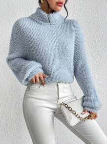 SoleilVie Jersey de punto esponjoso de cuello alto con hombros caídos, suéter de manga larga de punto para otoño e invierno - Azul - Ver 4