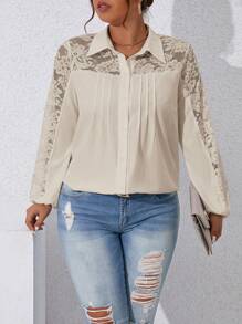 SHEIN Franclia Áo ren tương phản gấp nếp chi tiết xếp li - Màu Khaki - Xem 1