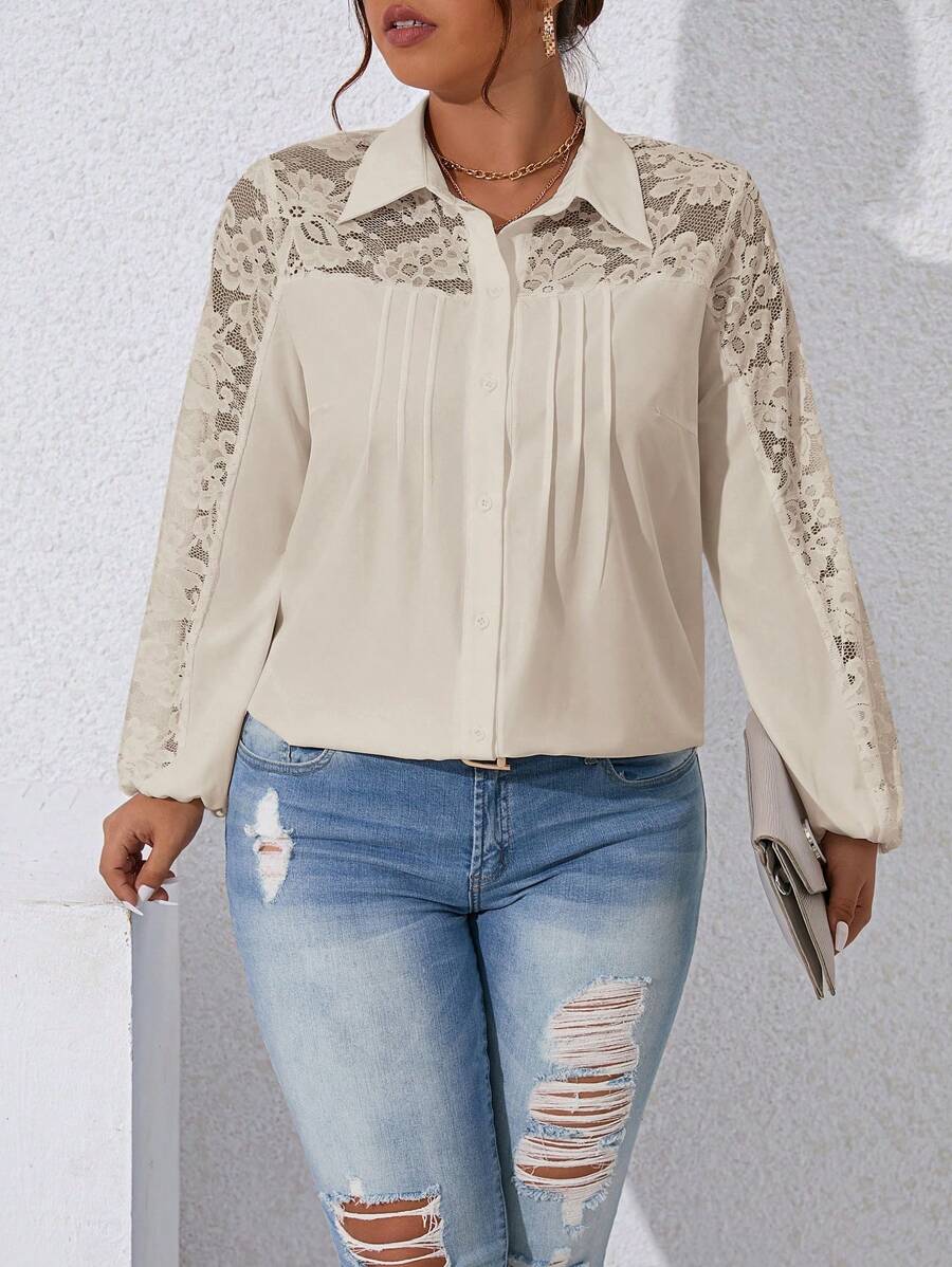 SHEIN Franclia Áo ren tương phản gấp nếp chi tiết xếp li - Màu Khaki - Xem 1