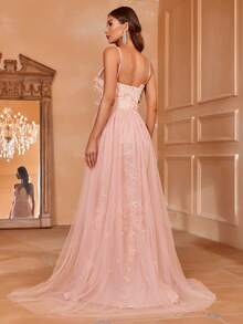 Faeriesty Floral Appliques Mesh Formal Dress - Pink - View 2