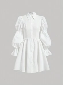 SHEIN MOD 1入組荷葉袖前紐扣襯衫洋裝 - 白色 - 查看 1