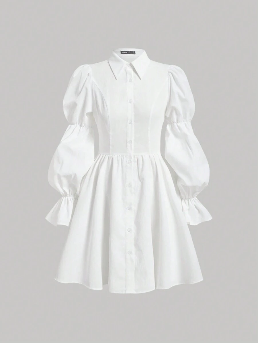 SHEIN MOD 1入組荷葉袖前紐扣襯衫洋裝 - 白色 - 查看 1