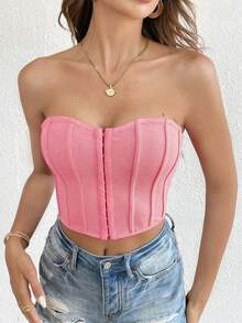 SHEIN Essnce Hook And Eye Front Crop Tube Top - Pink - View 6